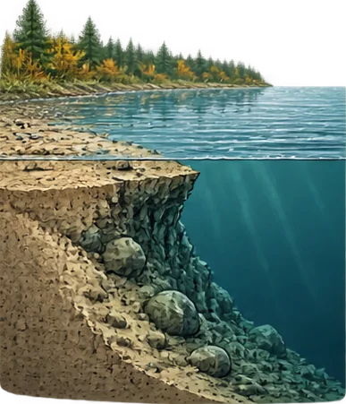 Дно у берега мелкое, дальше обрыв
